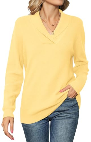 IECCP Ladies Jumpers V Neck Lightweight Long Sleeve Knitted Sweater Casual Solid Color Pullover Light Yellow L