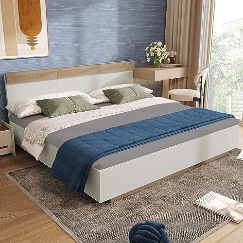 IHO SOFA Polsterbett Holzbett Doppelbett 180x200 cm - Höhe 26cm - Bettgestell aus Eiche Sonoma, Schlafzimmer Bett Bettrahmen mit Stabiler Lattenrost & Kopftei, Weiß (Ohne Matratze)