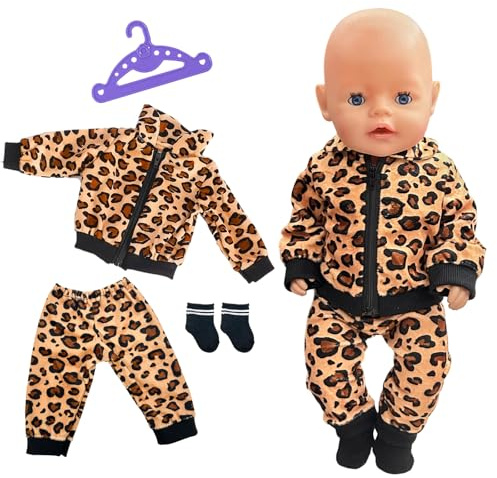 4 Stück Kleidung Outfits für 14-18 Zoll Baby Puppen, 35-43cm Leopardenmuster Baby Puppenkleidung Outfits Oberteil mit Leopardenmuster Hose Kleiderbügel Socke Geburtstagsgeschenk Kinder (Leoparden 1)