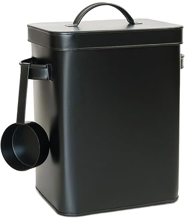 Relaxdays Metallbox, 6,5 l förvaringslåda med doseringshjälp, djurfoder och kaffe, lufttät, tvättpulverlåda, svart