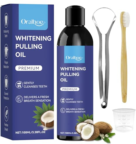 Olio di Cocco per Tirare Collutorio Naturale All'Olio di Cocco Olio di Menta Piperita 100ml con Raschietto Lingua e Spazzolino e Misurino, Kit Igiene Orale all'Olio di Cocco per l'alito Fresco