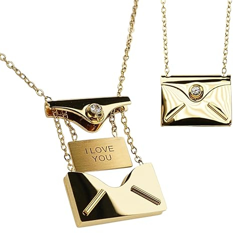 Zinello Design Necklace for women 18K gold plated, envelope locket with hidden message “I love you”, natural zircon, adjustable chain 45+5 cm – Gift for Valentine’s Day/birthday – Gift box – TILOVE