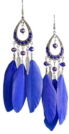 Beadthoven 2 Pairs Bohemian Feather Fringe Dangle Earrings Colorful Boho Ethnic Feather Beaded Pendants Earrings Drop Dangle Earring