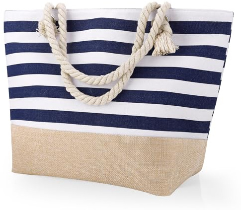 ViEinkaufen Waterproof Beach Bag, Beach Bags for Women with Zipper | Summer Tote Bags Canvas Stripe Travel Bag Reusable Shopping Shoulder Handbags for Pool Gym Picnic Holiday Essentials