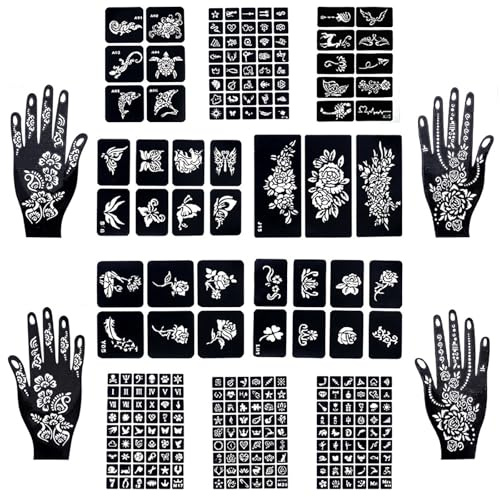 Henna stenciler set 247 stycken tillfälliga henna tatueringsmallar 14 ark tillfälliga tatueringsmallar olika storlekar tatueringsset för vuxna män och kvinnor kroppsfärg gör-det-själv