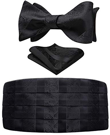 HISDERN Herren Kummerbund Schwarz mit Fliege und Einstecktuch Formelle Paisley Kummerbunde für Männer, 3er Set Schärpe Verstellbar Band