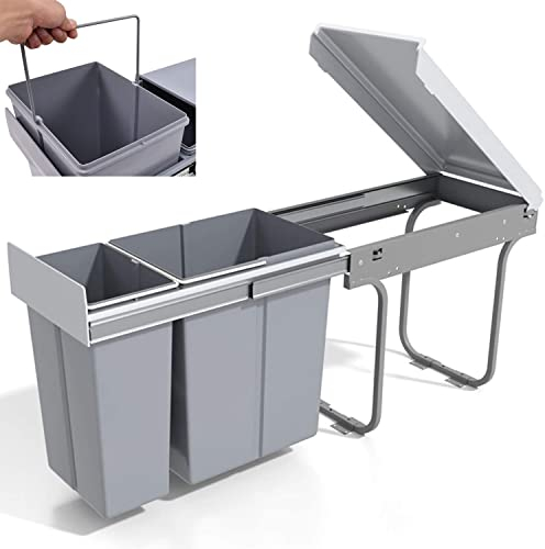 ybaymy Pull out Kitchen Bin, 10l+20l Built-In Cupboard Bins for Kitchen, Under SinkBin with Sliding Buffer, Under Counter Bin with Lid, 48x26x42cm Dual Bins for KitchenRecycling and Waste