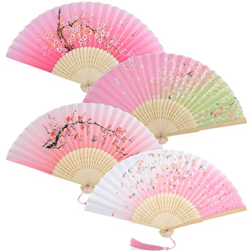 KEYIDO Handheld Folding Fan for Women Silk Fabric Folding Fans Pink Chinese Style Hand Fan Women's Hollowed Bamboo Fans with Tassel for Wall Decoration Dancing Cosplay 4 Pcs