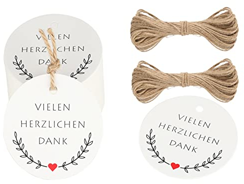 G2PLUS VIELEN HERZLICHEN DANK Geschenkanhänger, 5CM Dankeschön Geschenke Anhänger, Runden Danke Karten Anhänger für Gastgeschenke, 100stk Weiß Etiketten Anhänger mit Schnur für Dankeschön Geschenke