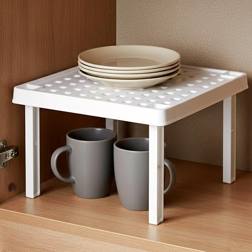 GEEZY Stackable Square Shelf Insert - Small Kitchen Cupboard Organiser & Pantry Cabinet Counter Storage Rack - White Space Saving Plastic Stand for Mugs, Plates, & Bowls