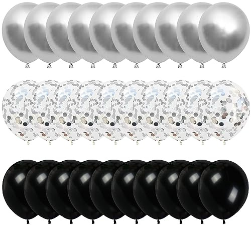 60pcs 12 Inch Black White & Silver Balloons, Sliver & Black Balloons Set with Confetti Helium Latex for Wedding, Anniversary, Birthday Party Graduation Parties Decorations