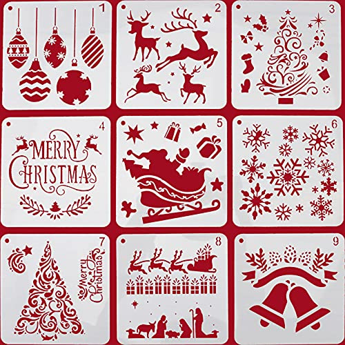 9pcs Christmas Stencils Templates for Crafts Reusable Snowflake Reindeer Stencils Card Making Wood Wall Furniture Painting Scrapbooking Christmas Arts Crafts Decorations, 15 * 15cm