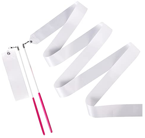 KINBOM 2pcs Dance Ribbons, 2m Kids Long Gymnastics Ribbon Twirling Ribbons Dancing Ribbon Streamers for Artistic Dance Training Party, with Ribbon Dancer Wand (White)