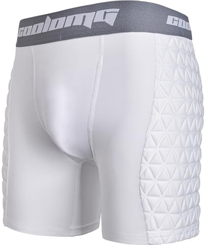 COOLOMG Boys Youth Padded Baseball Sliding Shorts w/Cup Pocket Compression Slider Shorts for Softball Football Lacross Hockey White L