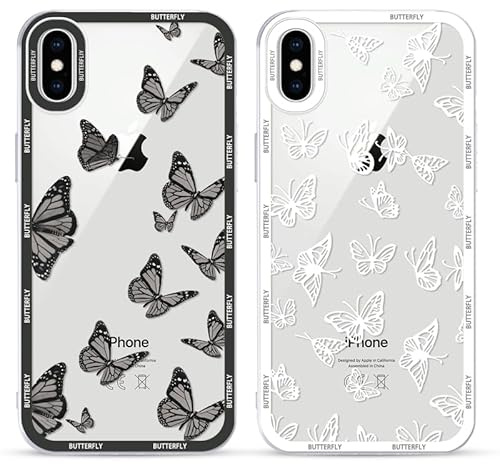Yoedge 2 stycken transparent mobiltelefonfodral för iPhone XS Max fodral fjäril 6,5 tum, TPU silikon skyddsfodral för iPhone XS Max fodral 3D svart fjärilsmönster estetiska flickor kvinnor transparent