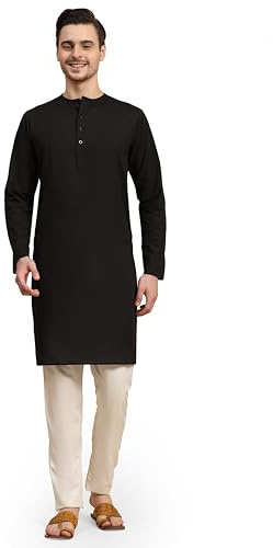 SKAVIJ Kurta pyjamas för män i 100 % bomull - traditionellt indiskt etniskt plagg, mandarinkrage kurta, Punjabi-klänning, Svart, S