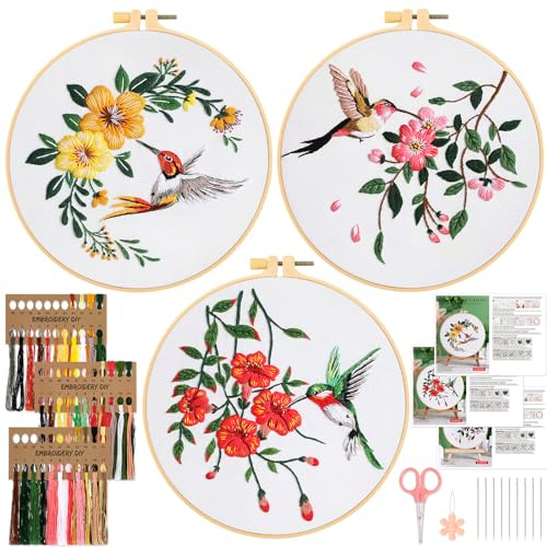 JSRQT Kit de Broderie Complet 3 Pièces avec Motifs de Fleurs - Point de Croix pour Débutant - Outil DIY de Démarrage - Activité Manuelle Adulte