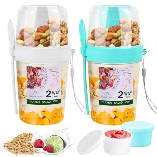 PIWOSGOL 2 bicchieri da bagno con cucchiaio, 560 ml + 310 ml per yogurt in viaggio, con contenitore per condimenti, 100% senza BPA, 3 in 1, a prova di perdite, per lavoro, scuola, viaggi