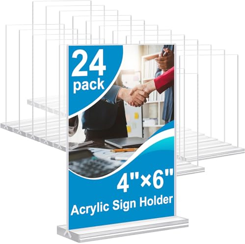 dulvus Acrylic Sign Holder 4x6 Inches 24 Pack, Double Sided Clear Display Stand Table Top Sign Paper Holder, Vertical Menu Flyer Holder, Plastic Sign Frame for Stores, Restaurants, Hotels, Office