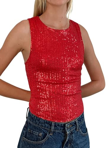 Canotte da donna con paillettes luccicanti canotte senza maniche girocollo glitterate slim fit camicetta scintillante, Rosso, M