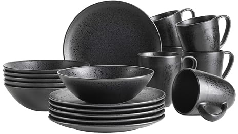 MÄSER, serie Essential, frukostset för 6 personer, frukostservis till frukost av högkvalitativ keramik, tillverkad i Portugal, stengods, svart