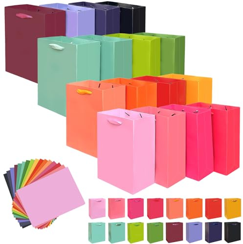 Gcardist Bolsas de regalo de 16 colores para suministros de fiesta, 20 x 11 x 24 cm (8 x 4,3 x 10 pulgadas, 16 unidades + 32 piezas de papel de tejido)