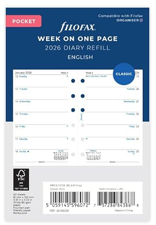 Filofax Calendar Diary Refill, Pocket Size, Week on One Page, White Paper, Unruled, English, 2026 (C68226-26)