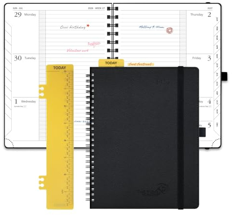POPRUN Diary 2026 Week to View A5 (22x16.5 cm) Soft Cover Spiral Diary 26 Appointment Horizontal Weekly Work Planner, Monthly Tabs, 100GSM Paper (Black)