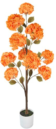 Artificial Hydrangea Tree, Fall Tree for Outdoor Indoor Porch Entryway, Orange Flower Potted Fake Plants, Autumn Decoration for Home Office Party, Thanksgiving Halloween, 55INCH