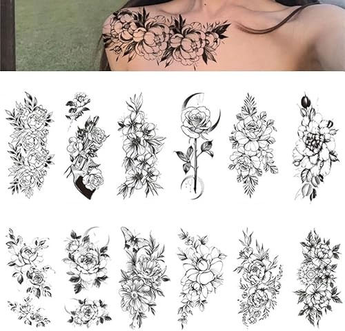 12 Sheets Health Beauty Black Flower Rose Temporary Tattoos Flash Art Body Arm Women Sleeve Waterproof Fake Tatoo Sticker
