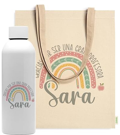 Evyre Regalo Fin de Curso Profesores Tote Bag Botella térmica Profesora Personalizado Maestra Infantil Regalos para Profesores Originales Recuerdos Alumnos Arcoiris