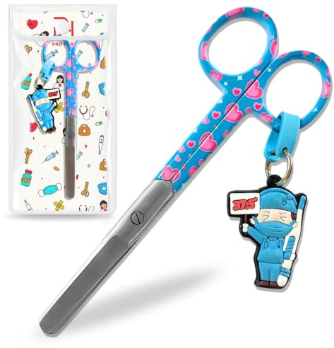 Ph Pro Heat Tijeras Enfermeria Punta Roma Primeros Auxilios de Acero Inoxidable - Tijeras Pico de Pato para Enfermera Profesionales - Accesorios Enfermera y TCAE para Vendajes. (Azul Corazones Rosa)
