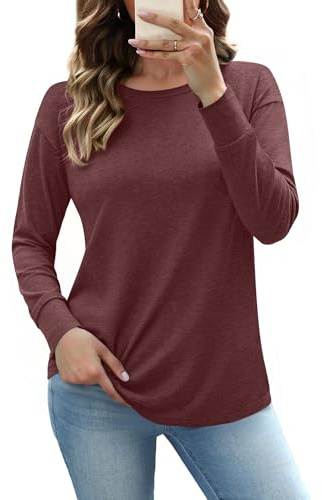 Totatuit Blusa Mujer Cuello Redondo Manga Larga Algodón Elástico Cómoda Estilo Versátil Trabajo y Relax Rojo Vino，S