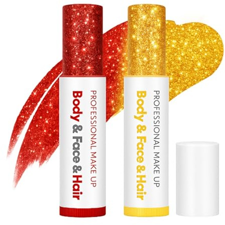 Professional Face Hair Glitter Sticks with Red Gold Sparkle Caps - Vibrant Shimmer Balm for Festivals Parties Stage Performances Cosplay Makeup No-Mess Roll-On Design Long-Lasting Sparkle Effect