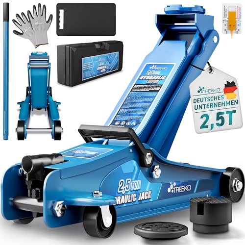 TRESKO Cric idraulico 2,5T altezza di sollevamento 85-385 mm con valigetta | Cric idraulico auto piatto per auto – Ruote a 360° con 2 cuscinetti in gomma, tappetino per ginocchia, guanti, coltello
