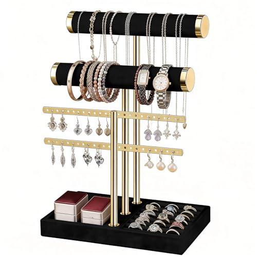 Yoodriy Porta Gioielli Donna a 3 Livelli, Espositore per Gioielli Rimovibile in Velluto, Porta Collane e Orecchini, Organizer Gioielli, Supporto per Braccialetti, Collane, Orologi e Anelli (nero)
