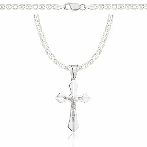 ZELYA Cadena de Plata 925 con Cruz para Niñas y Niños – Collar de Comunión de 45 cm, Ideal para Bautizo, Grabado Personalizado y Estuche de Regalo