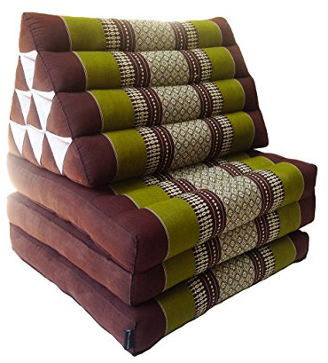 Collumino Traditional Thai Kapok 3 Fold Meditation Mattress with Oriental Style Triangle Recliner Cushion for Yoga Massage or Relaxation (Green, Brown)