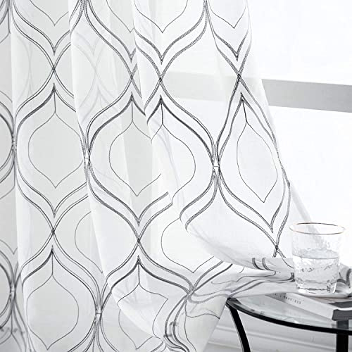 VISIONTEX White Sheer Curtains Grey Moroccan Embroidered 84 Inches Long