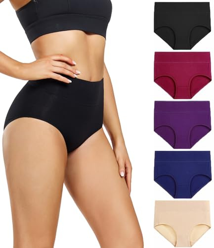 wirarpa Culotte Femme Coton Taille Haute Slips Lot de 5 Noir/Bordeaux/Violet/Bleu/Beige XS