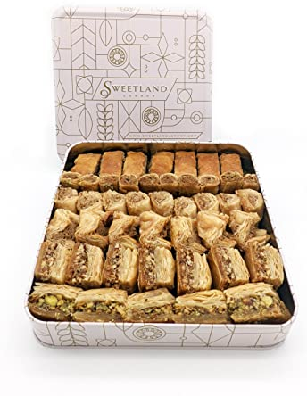 Sweetland Vegan Baklava Selection - 1 kg | Handmade Traditional Lebanese Baklava | Ramadan, Mother's Day, Easter, & Eid | Mixed Selection Tray with Pistachio, Almond & Cashew Nuts | Tin Gift Box