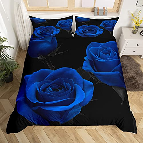 3D Rose Duvet Cover Rose Floral Bouquet Bedding Set for Kids Boys Girls Teens Elegant Royal Blue Romantic Flower Comforter Cover Valentine's Day Gift Bedding & Linen 3Pcs Zipper Super King