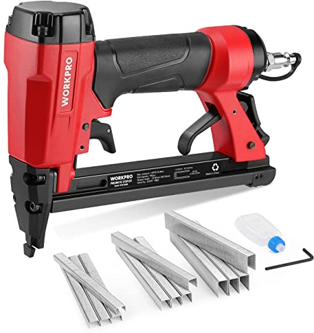 WORKPRO 7116 Pneumatic Staple Gun, 22 Gauge Upholstery Stapler with 1884pcs Staples 1/4 to 5/8, Air-Powered, Rear Exhaust, for Carpentry, Woodworking and DIY Projects