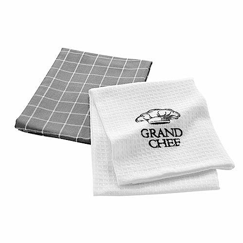 Douceur d'Intérieur, 2 Torchons (50 x 70 cm) Grand Chef Gris, Coton Tissé & Nid d'abeille Brodé