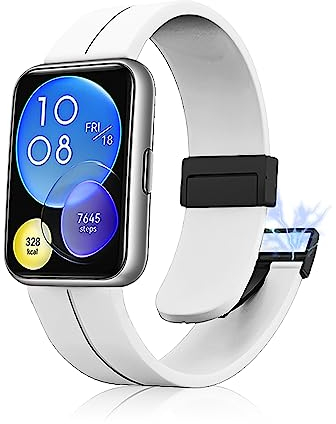 LanQii Silikon Armband Kompatibel mit Huawei Watch Fit 2, Weiches Sport Ersatzarmband Magnetverschluss Uhrenarmbänder Herren Damen für Huawei Watch Fit 2 -Weiß