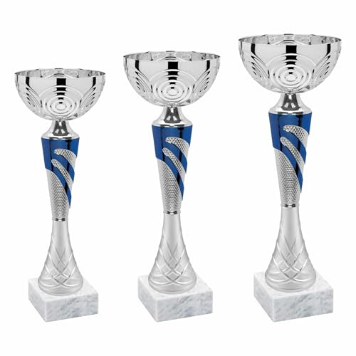 Tris Coppe Trofei Personalizzati con Targhetta Stampata – 3 misure Diverse – Plastica ABS Colorata e base Marmo – Premi Trofei per Fantacalcio, Sport, Eventi