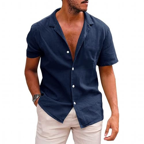 MSIYOW Camisa Lino Manga Corta Hombre Camisa de Verano Casual Shirt con Botones Camiseta Informal Ajuste Regular