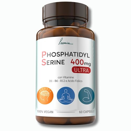 Fosfatidilserina Pura Ps 400mg Contrasta il Cortisolo Migliora Memoria e Concentrazione Riduce lo Stress Integratore con Vitamina B1 (Tiamina) B6 B12 Acido Folico 60 Capsule Poemia