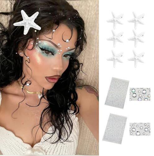 FDEETY Pinces à Cheveux Étoile de Mer Blanches Ensemble Autocollants Strass Brillants Accessoires Coiffure Décoratifs Barrettes Thème Marin