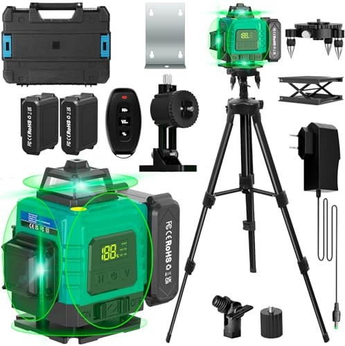 4 x 360°Nivel Láser Con Soporte de Trípode - Autonivelante Nivel Láser 4D de 16 Líneas con 3600 mAh Batería,con Mando a Distancia,para Obras,Interiores